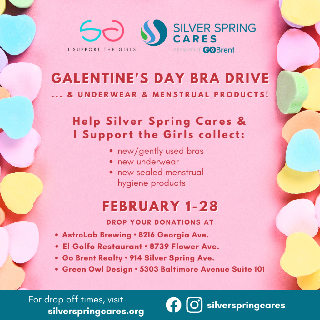Galentine's Day Bra Drive
and underwear and menstrual products.

Help Silver Spring Cares and I Support the Girls collect new/gently used bras, new underwear, and new sealed menstrual products from Feb 1 st through 28th.
Drop your donations at AstroLab Brewing, El Golfo Restaurant, GoBrent Realty, or Green Owl Design.